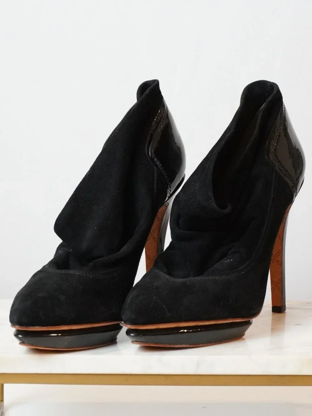 L.A.M.B. Black Suede Slouch Cutoff Platform Pumps